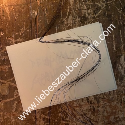 Foto auf dem eine Strähne von schwarzem Pferdehaar auf den beiden Papierbögen zu sehen ist.